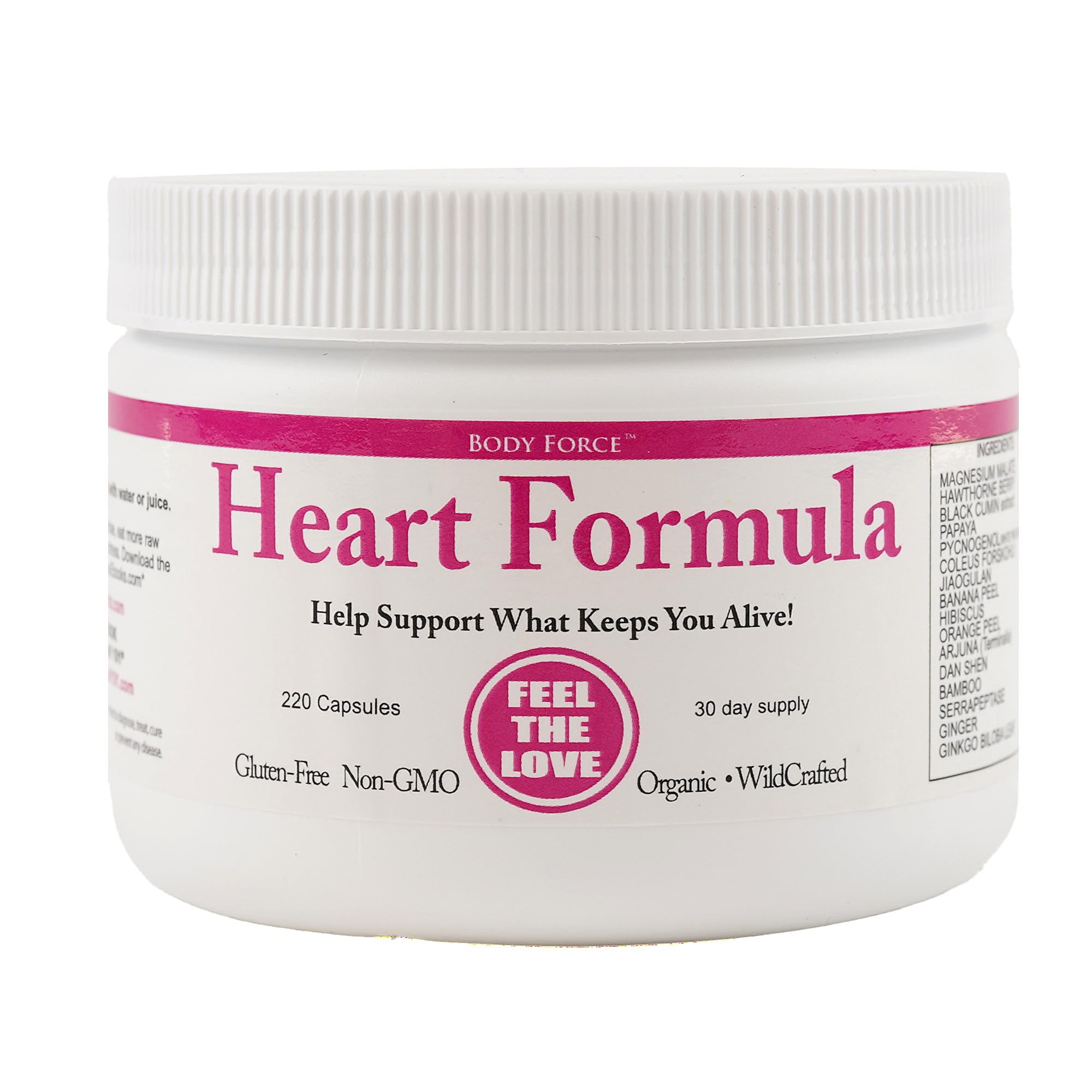Body Force Heart Formula capsules bottle close-up with magnesium malate for bioavailability.
