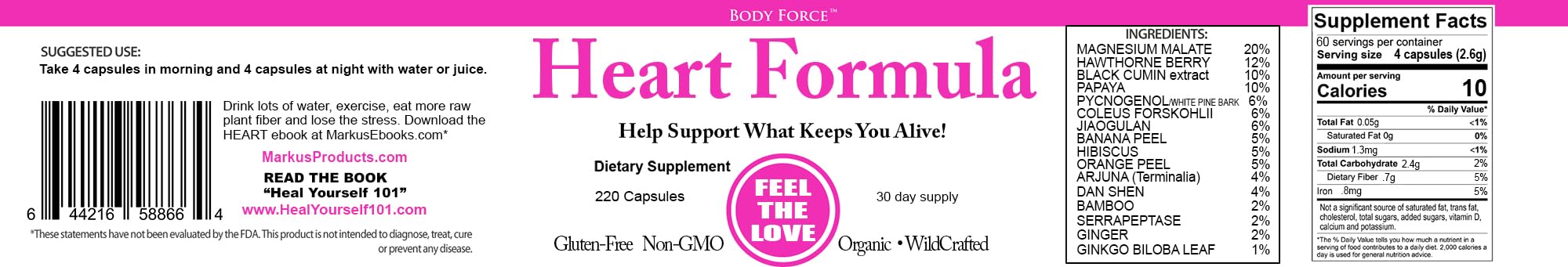 Body Force Heart Formula capsules feature ginkgo biloba leaves for cognitive and circulatory support.