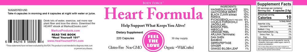 Body Force Heart Formula capsules feature ginkgo biloba leaves for cognitive and circulatory support.