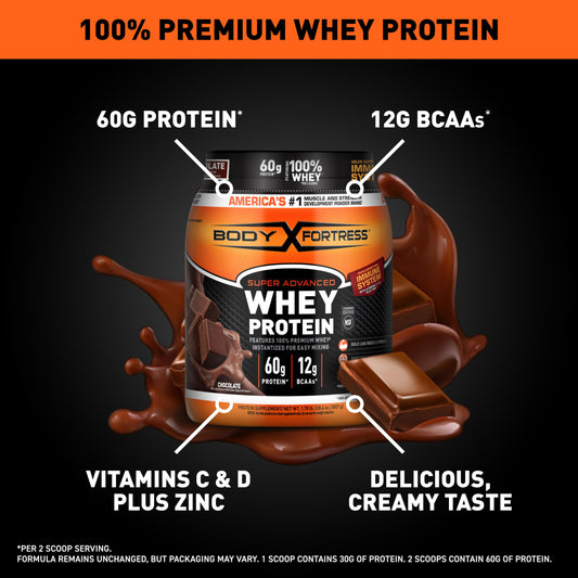 Scoop of Body Fortress chocolate whey powder for precise two-scoop servings.