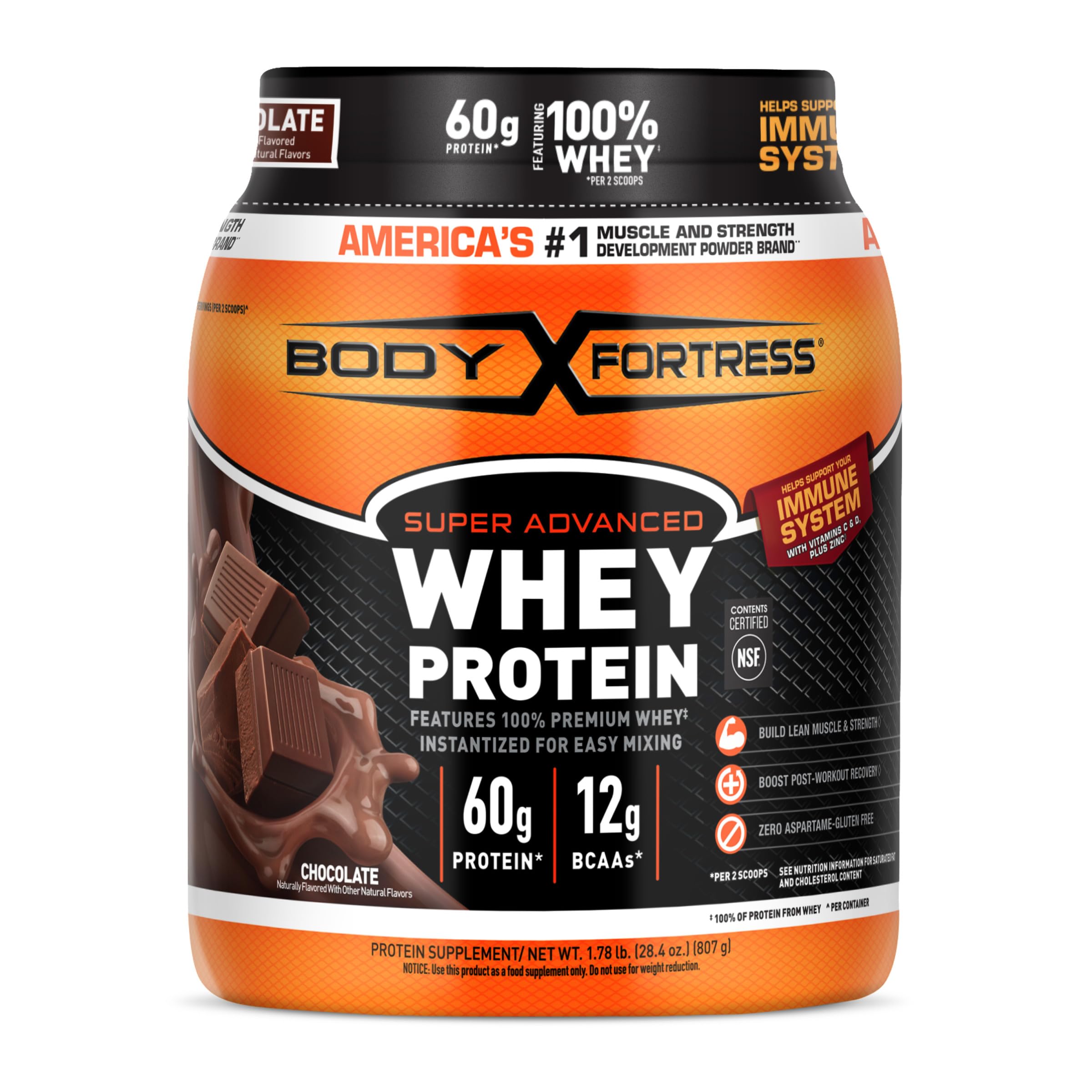 Body Fortress chocolate whey tub ready for post-workout fueling.
