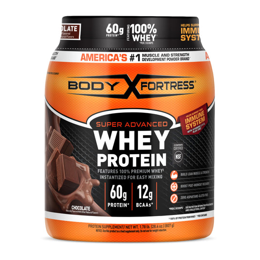 Body Fortress chocolate whey tub ready for post-workout fueling.