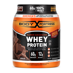 Body Fortress chocolate whey tub ready for post-workout fueling.