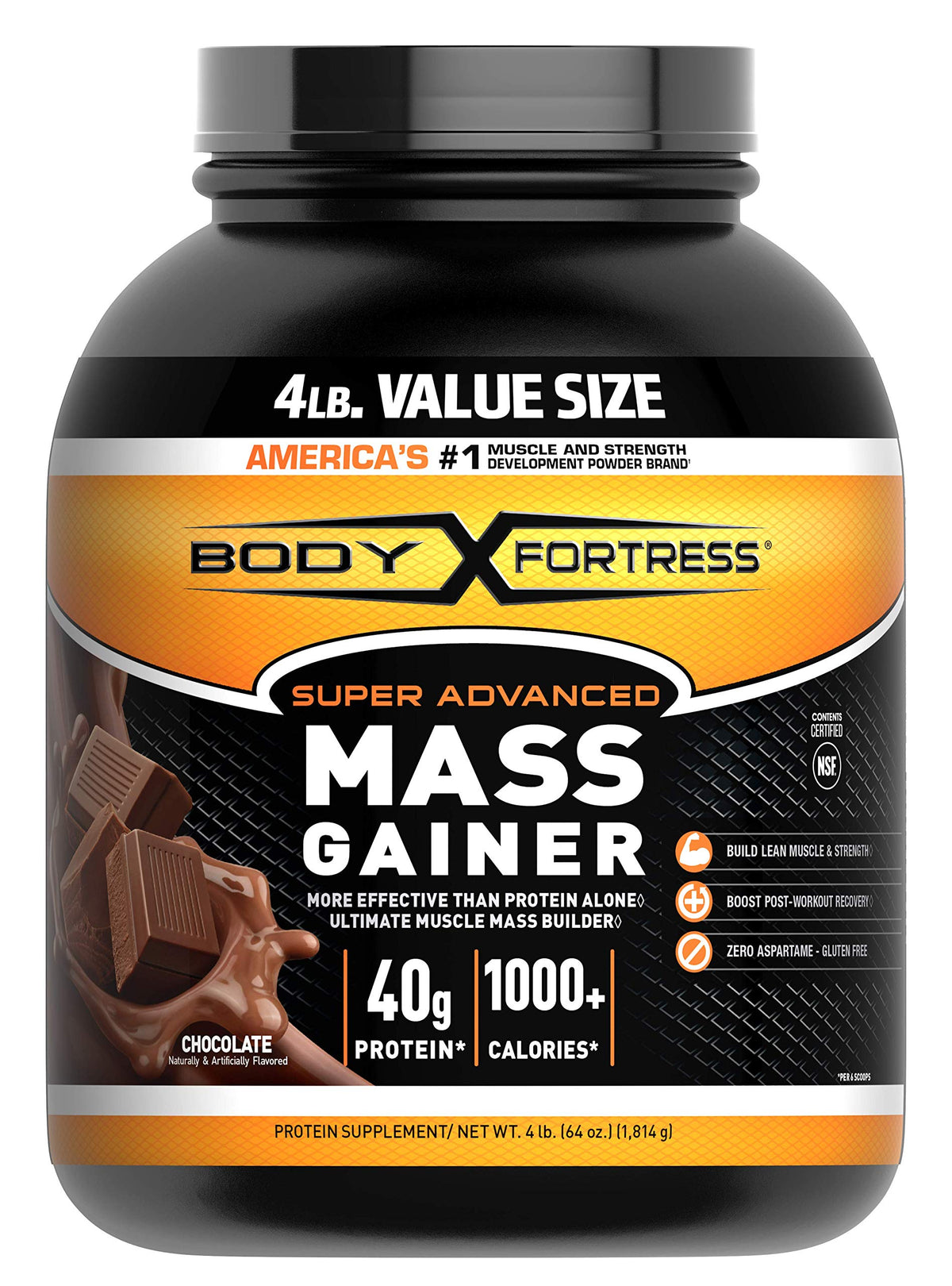 Body Fortress Mass Gainer Chocolate Jar, protein-packed shake for muscle support after workouts.