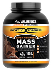 Body Fortress Mass Gainer Chocolate Jar, protein-packed shake for muscle support after workouts.