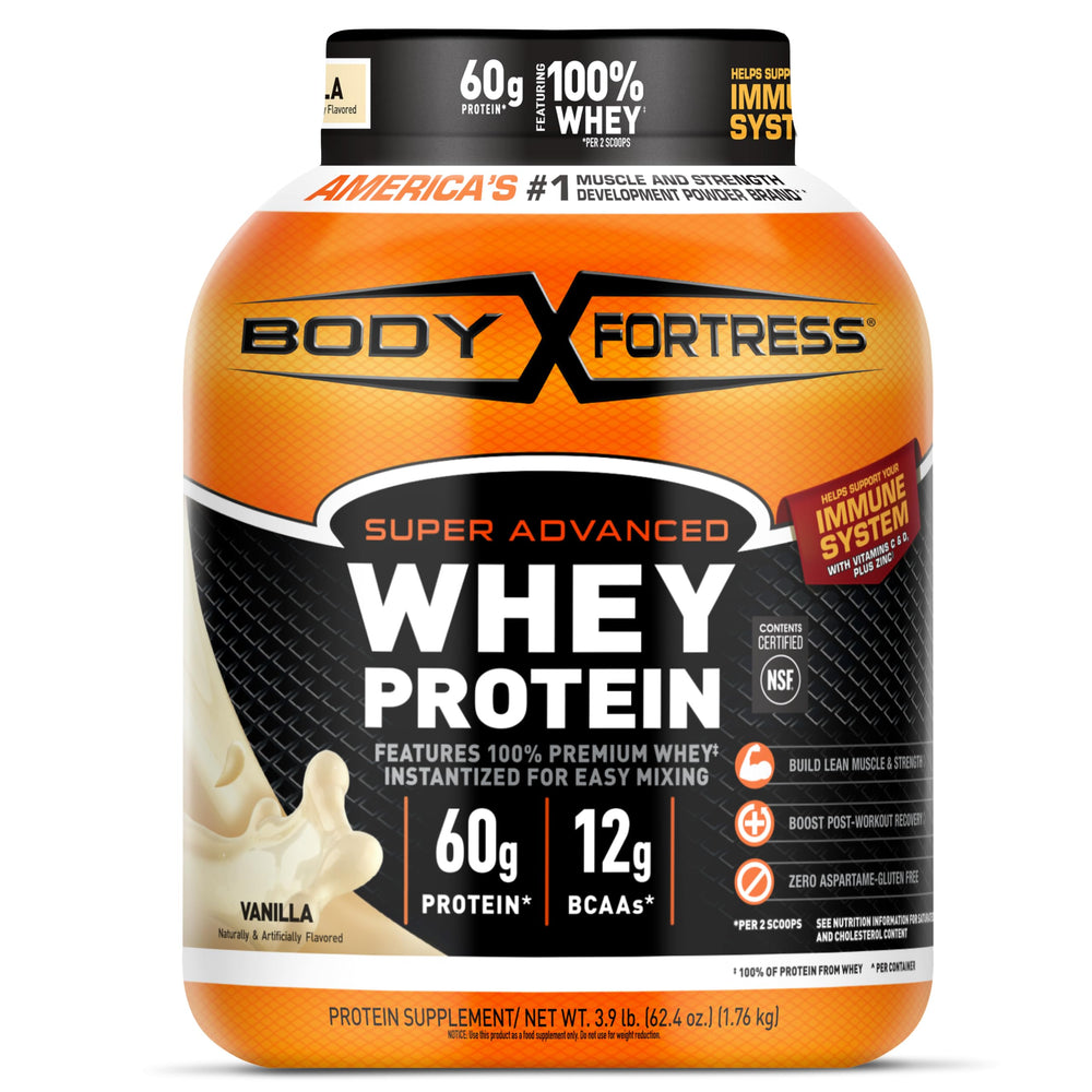 Body Fortress Super Advanced Whey Vanilla container highlights a protein‑rich formula for post workout fueling
