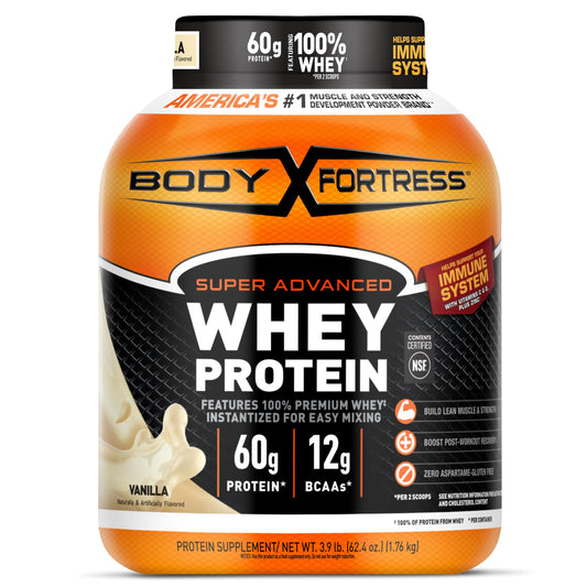 Body Fortress Super Advanced Whey Vanilla container highlights a protein‑rich formula for post workout fueling