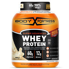 Body Fortress Super Advanced Whey Vanilla container highlights a protein‑rich formula for post workout fueling