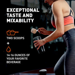 Body Fortress Vanilla whey powder pour depicts convenient serving for workouts