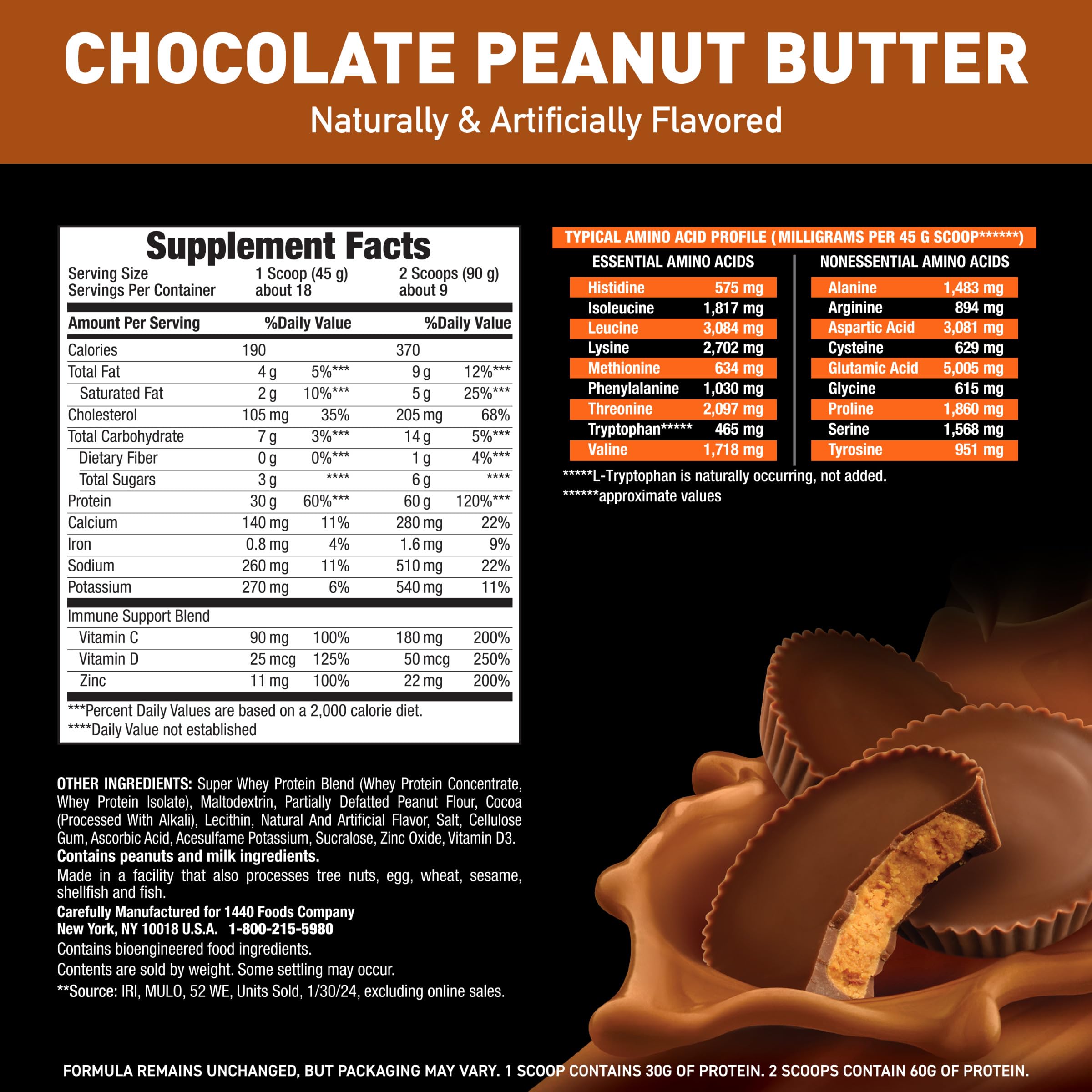 Body Fortress whey protein nutrition label close-up emphasizing amino acids and low sugar.