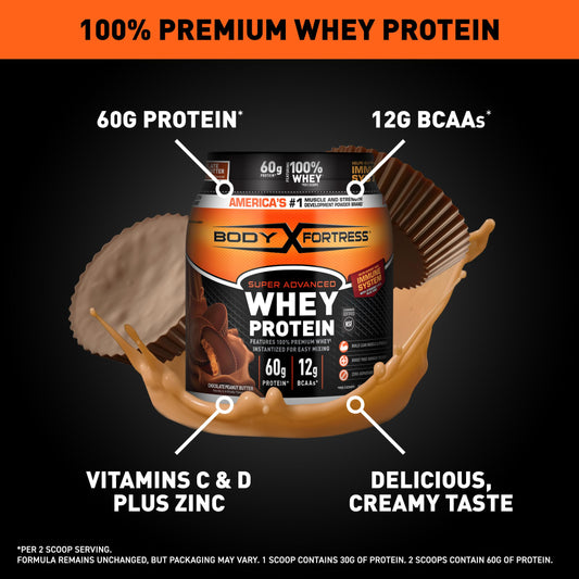Body Fortress whey protein scoop showing 30g serving for post‑workout use.