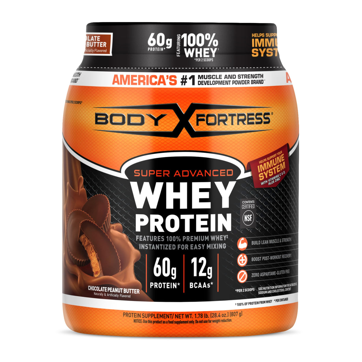 Body Fortress whey protein tub with chocolate peanut butter flavor, ideal for muscle support.