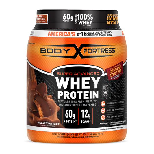 Body Fortress whey protein tub with chocolate peanut butter flavor, ideal for muscle support.