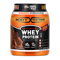 Body Fortress whey protein tub with chocolate peanut butter flavor, ideal for muscle support.