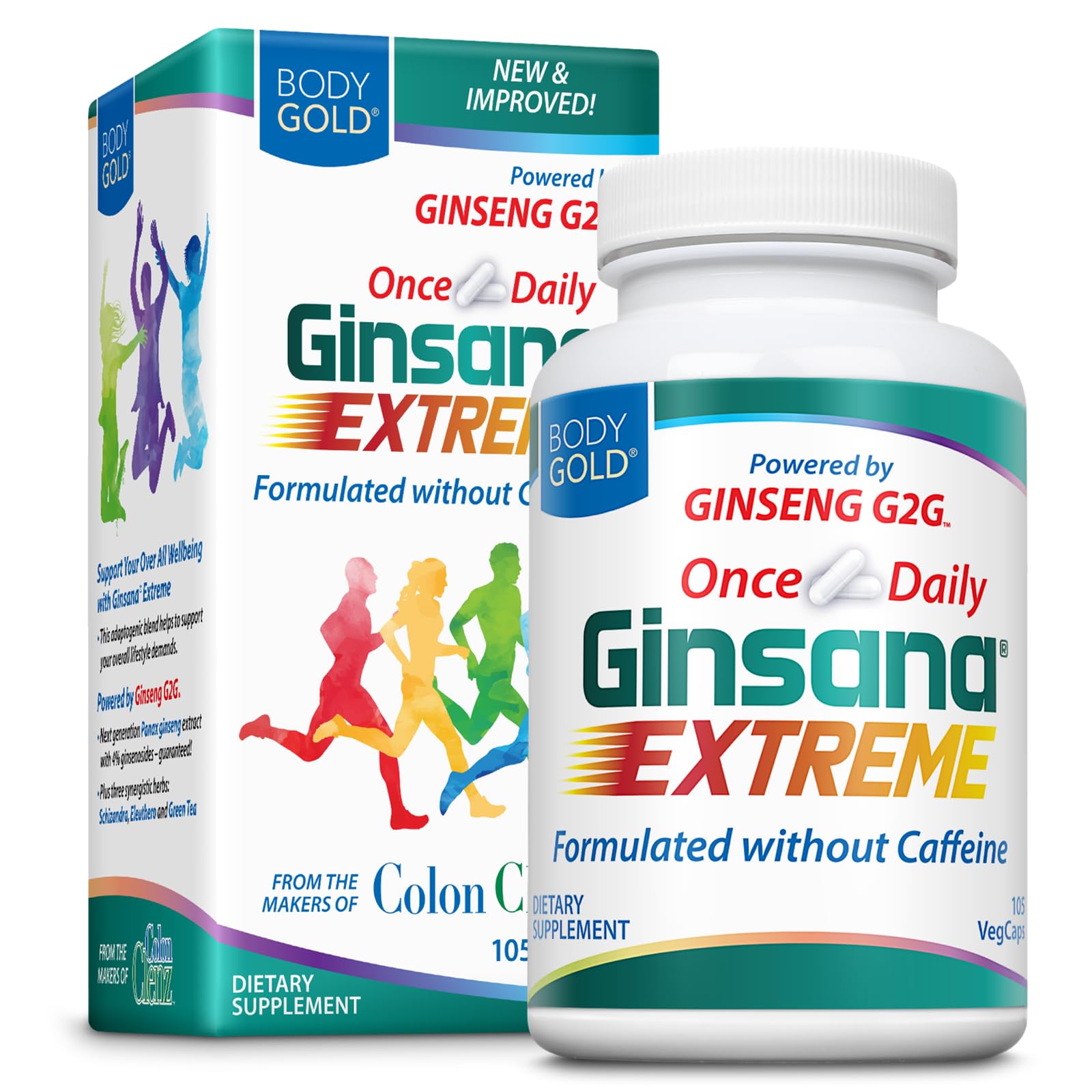 Body Gold Ginsana Energy bottle showing clean packaging for steady daily energy.
