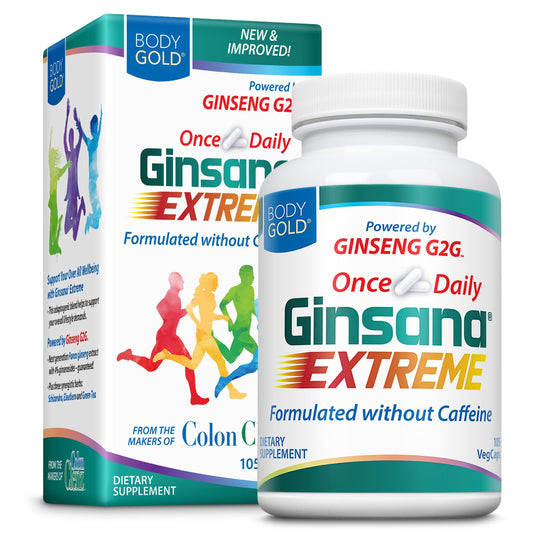 Body Gold Ginsana Energy bottle showing clean packaging for steady daily energy.