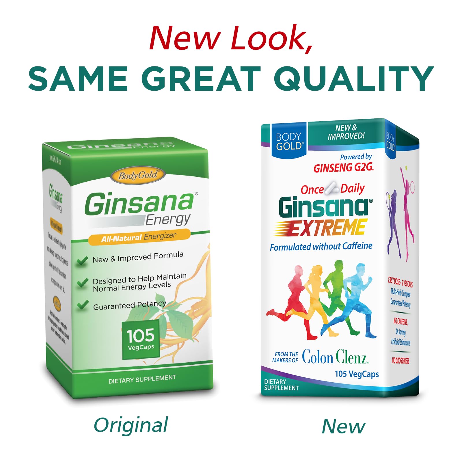 Body Gold Ginsana Energy capsules illustrating caffeine-free focus and endurance support.