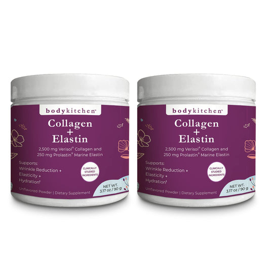 Body Kitchen Collagen Elastin bottle front view shows unflavored formula for daily use