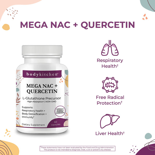 Body Kitchen Mega NAC bottle back with dosage details and supplement information