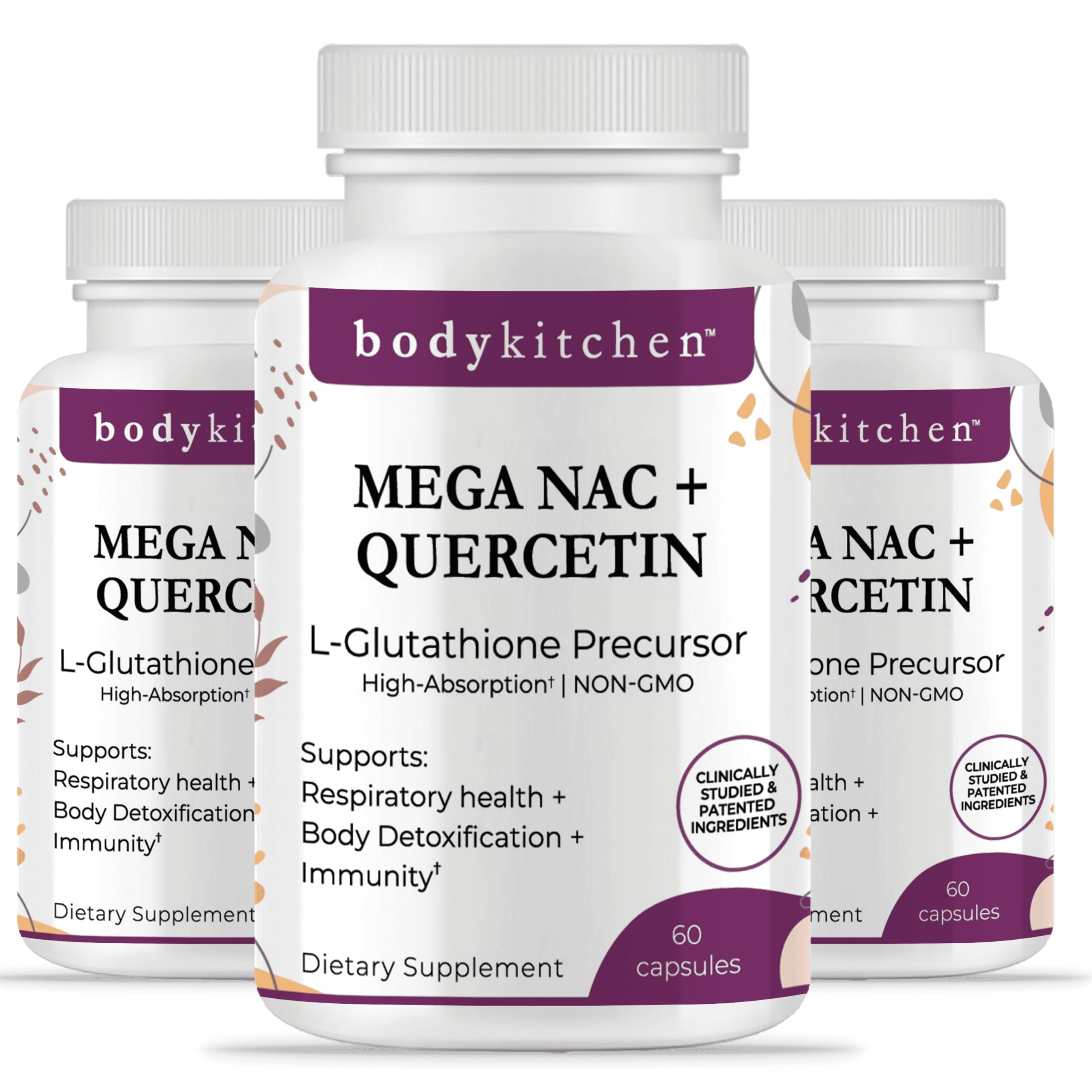 Body Kitchen Mega NAC bottle front showing the 600 mg NAC daily formula for respiratory support