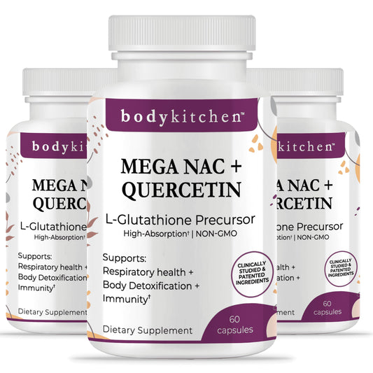 Body Kitchen Mega NAC bottle front showing the 600 mg NAC daily formula for respiratory support