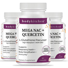 Body Kitchen Mega NAC bottle front showing the 600 mg NAC daily formula for respiratory support