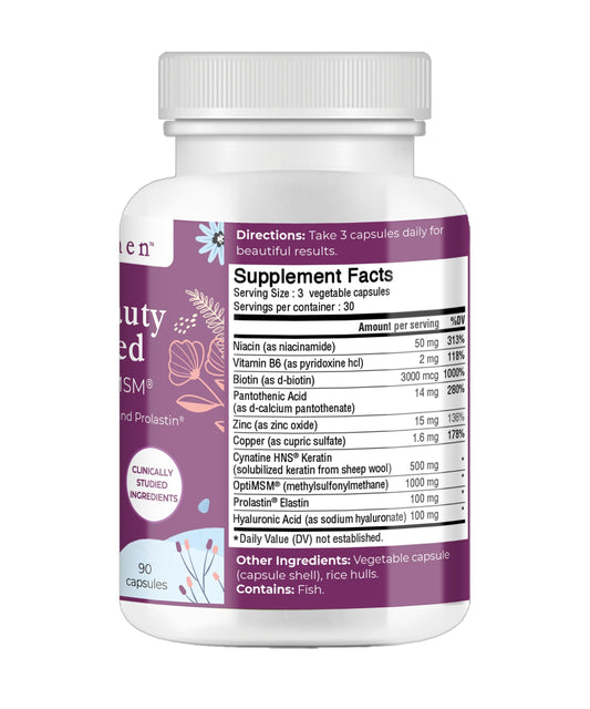 Body Kitchen Total Beauty Advanced biotin and hyaluronic acid label close-up for skin hydration