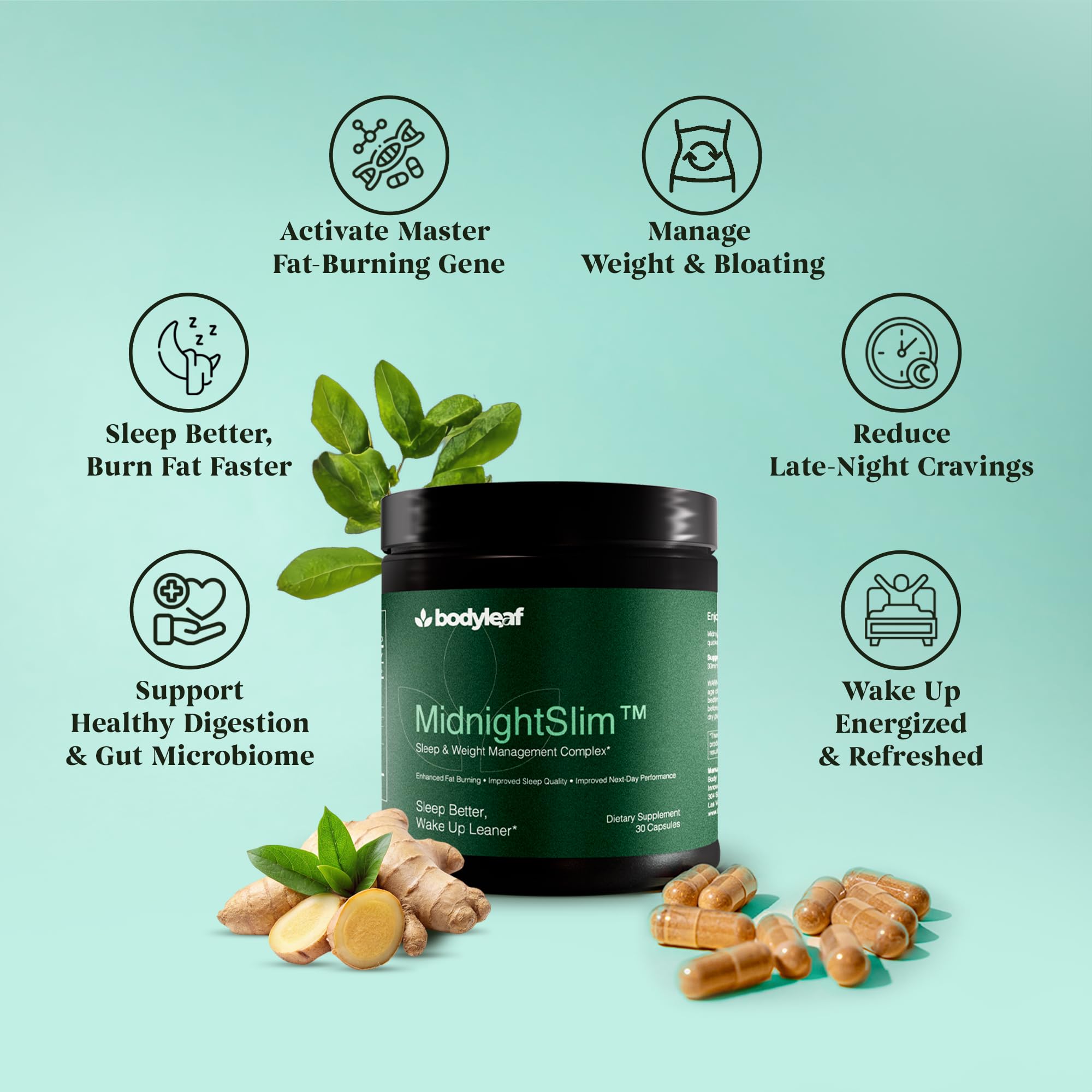 Body Leaf MidnightSlim nightstand scene suggests restful evenings.