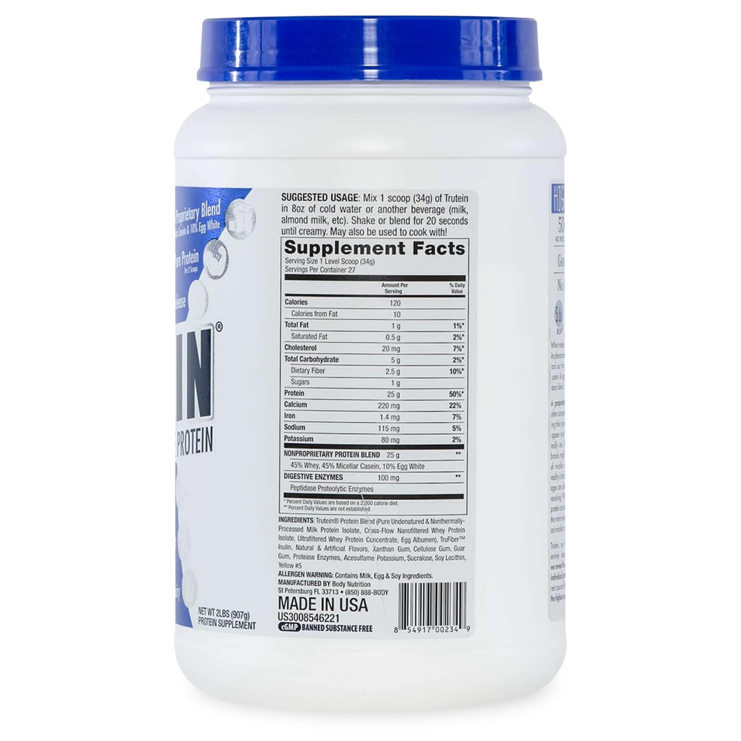 Body Nutrition Trutein jar close-up highlights enzymes and fiber icons