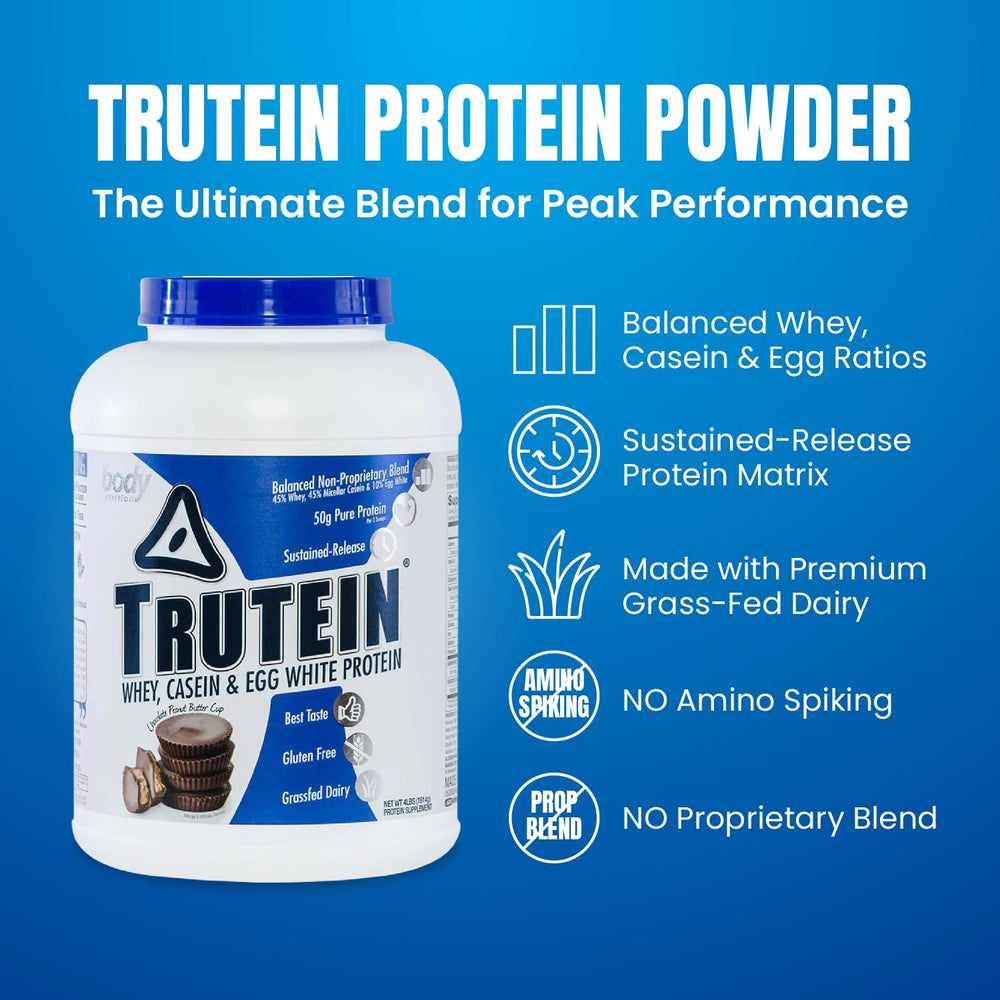 Body Nutrition Trutein protein scoop beside powder suggests quick shakes after workouts.