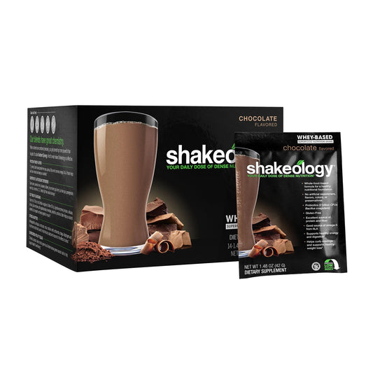BODi Shakeology Whey Chocolate single packet for on-the-go protein and fullness.