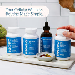 BodyBio Balance Oil bottle-closeup highlights the product branding and quality.