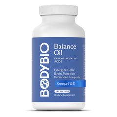 BodyBio Balance Oil bottle pour highlights convenient daily omega-3-6 serving.