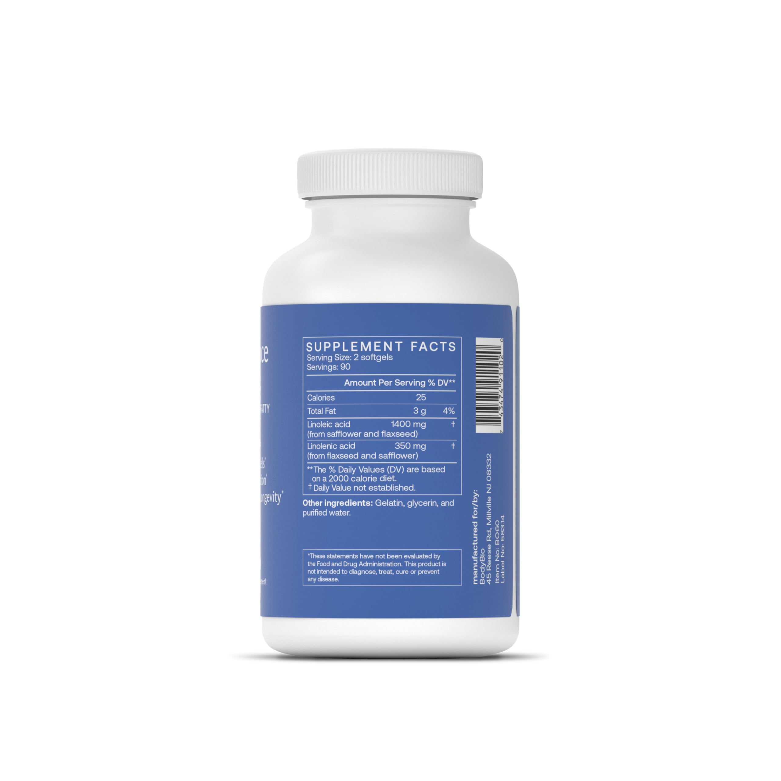 BodyBio Balance Oil label closeup shows organic flaxseed and safflower origins.