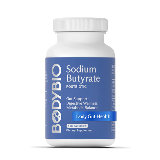 BodyBio Butyrate bottle with digestive support messaging and gut health emphasis.