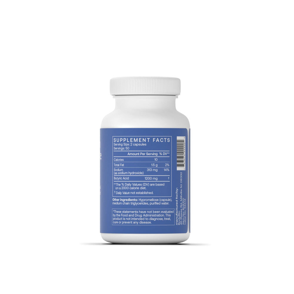 BodyBio Butyrate vegan capsules ready for daily gut balance.