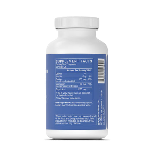 BodyBio Butyrate label closeup with vegan capsules for digestive care