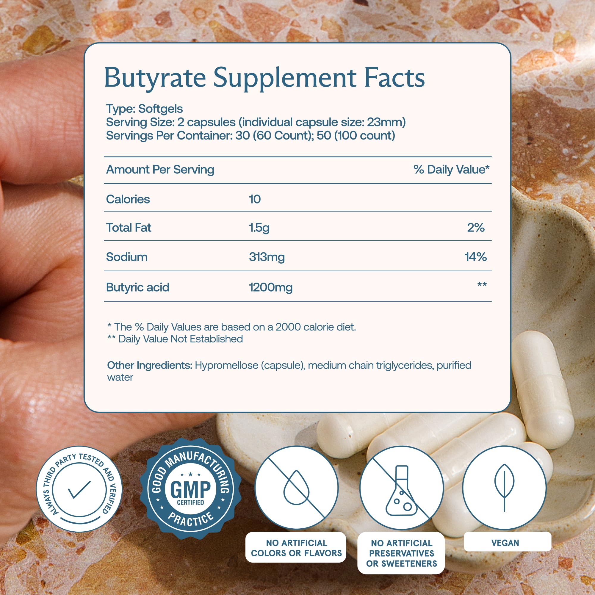 BodyBio Butyrate label shows ingredients and usage guidance.