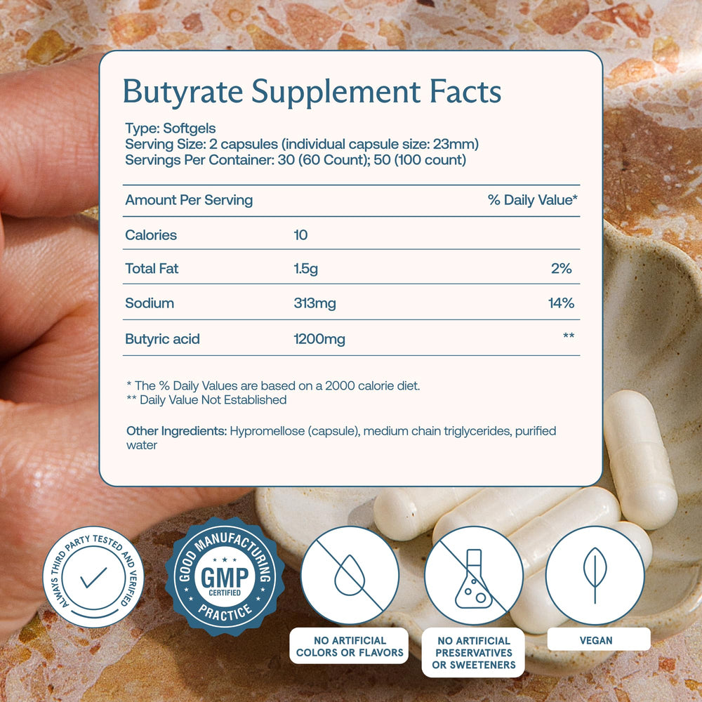 BodyBio Butyrate label shows ingredients and usage guidance.