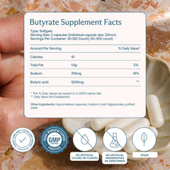 BodyBio Butyrate label shows ingredients and usage guidance.