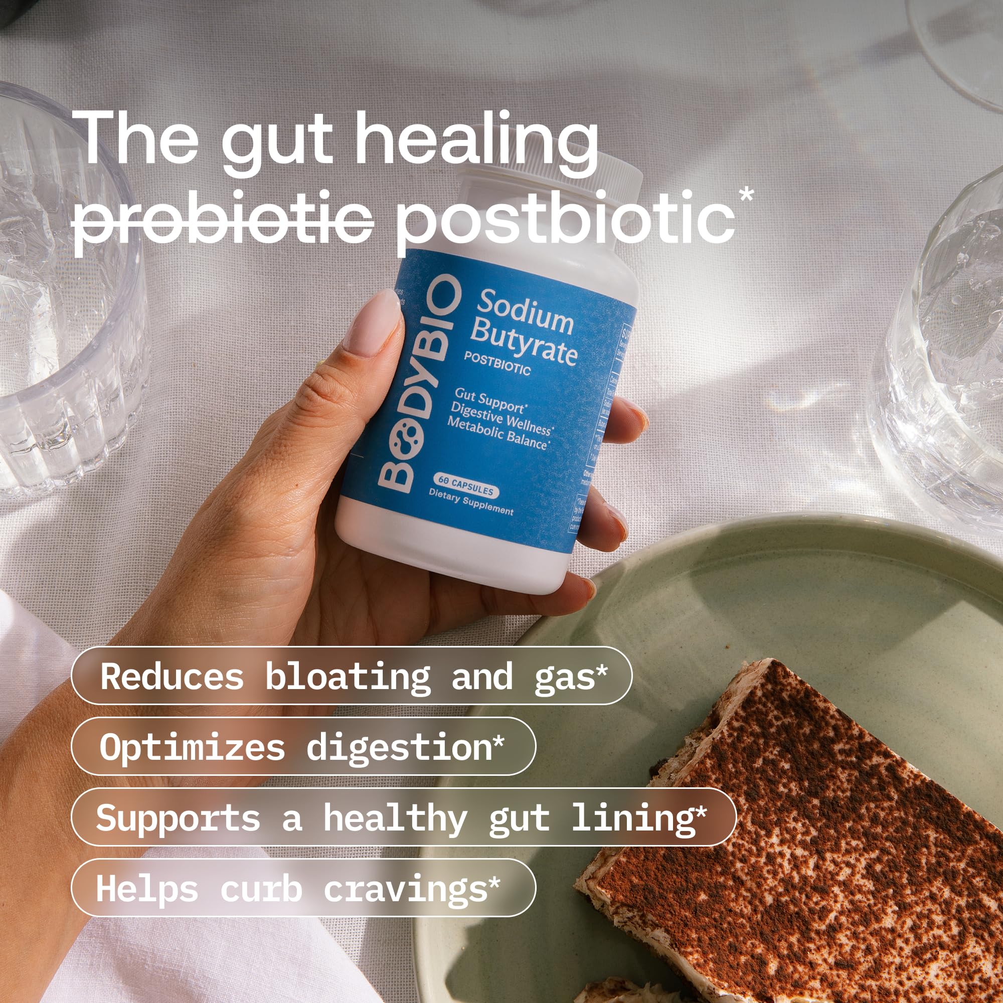 BodyBio Butyrate packaging box highlighting clean label and vegan formula.