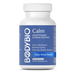 BodyBio Calm bottle close-up with label highlighting non-drowsy stress support