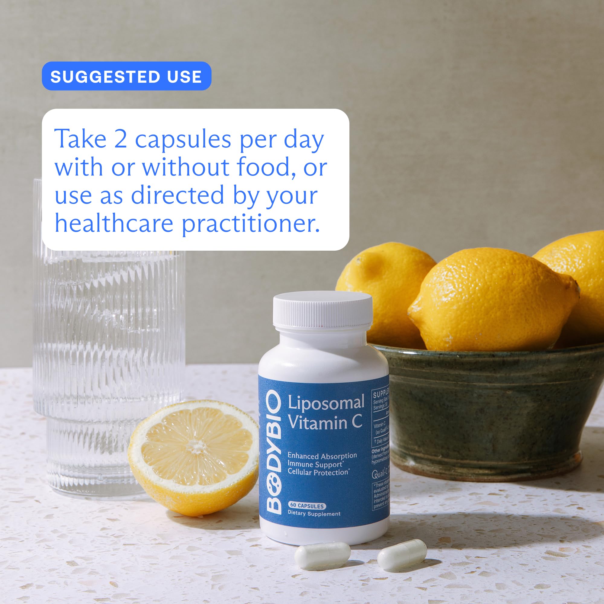 BodyBio Liposomal Vitamin C dosage chart indicating daily serving