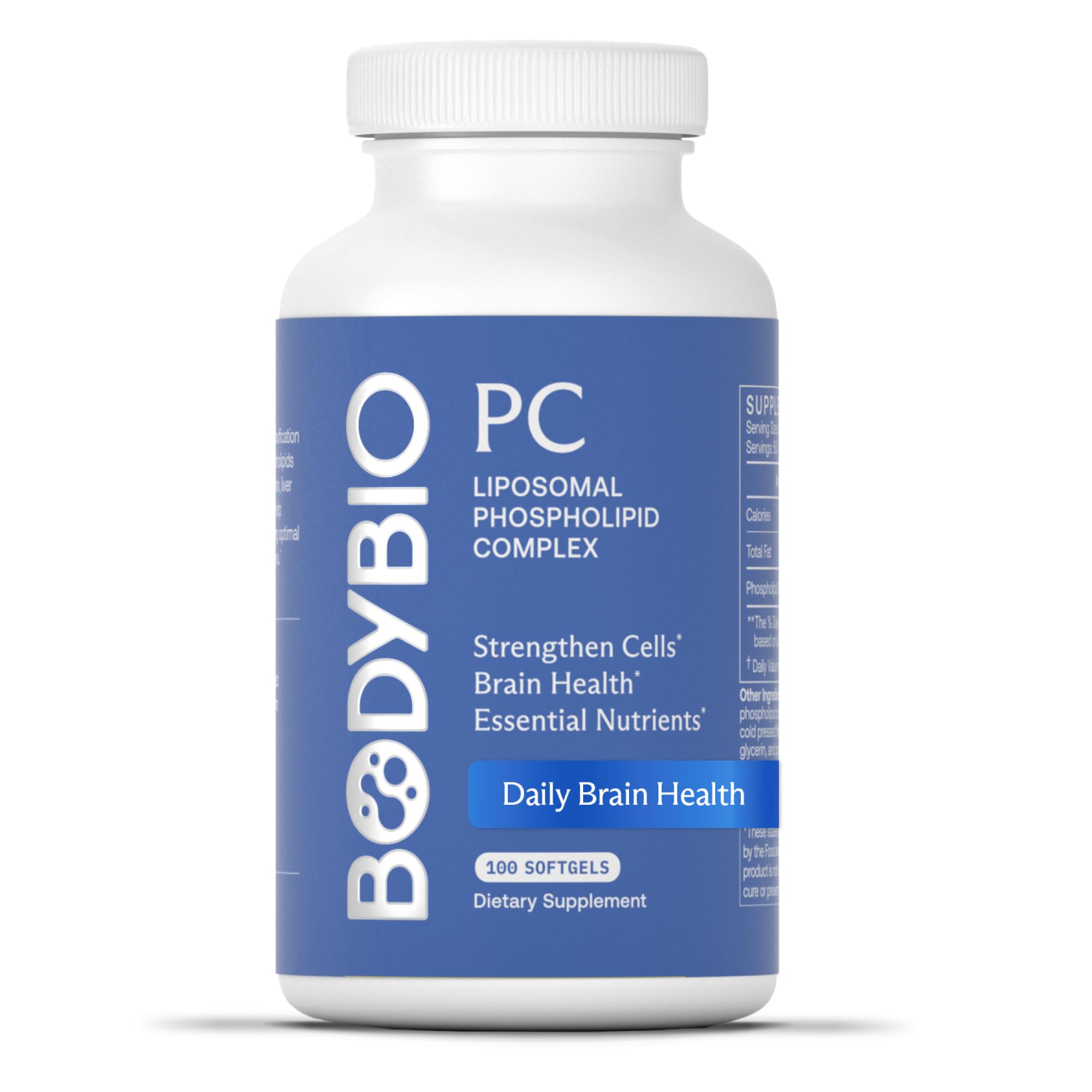 BodyBio PC bottle with softgel capsules on table for daily brain support.