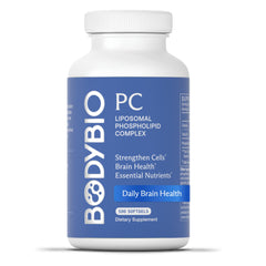 BodyBio PC bottle with softgel capsules on table for daily brain support.