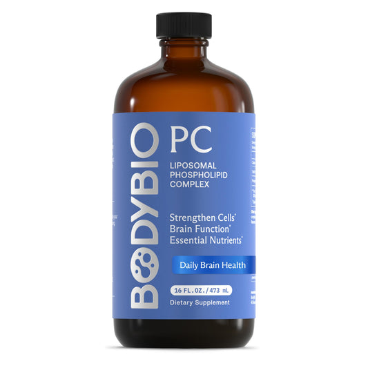 BodyBio PC bottle highlights brain health for daily mental performance.