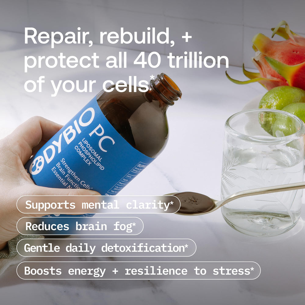 BodyBio PC bottle conveys gentle detox through phospholipid science.