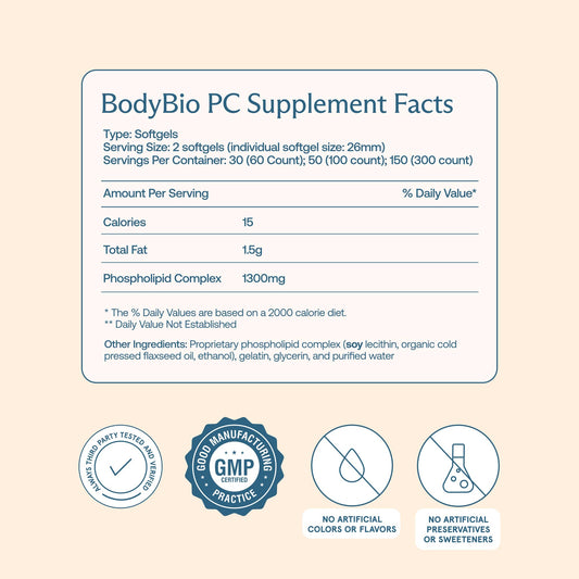 Close-up of BodyBio PC label highlighting phosphatidylcholine ingredients for cellular health.