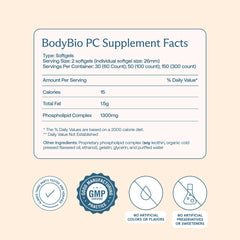 Close-up of BodyBio PC label highlighting phosphatidylcholine ingredients for cellular health.