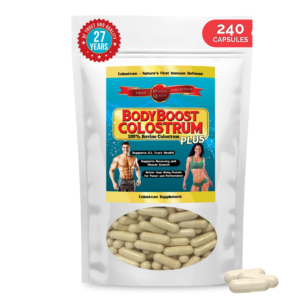 BodyBoost Colostrum Capsules bottle front supports gut health and daily wellness.